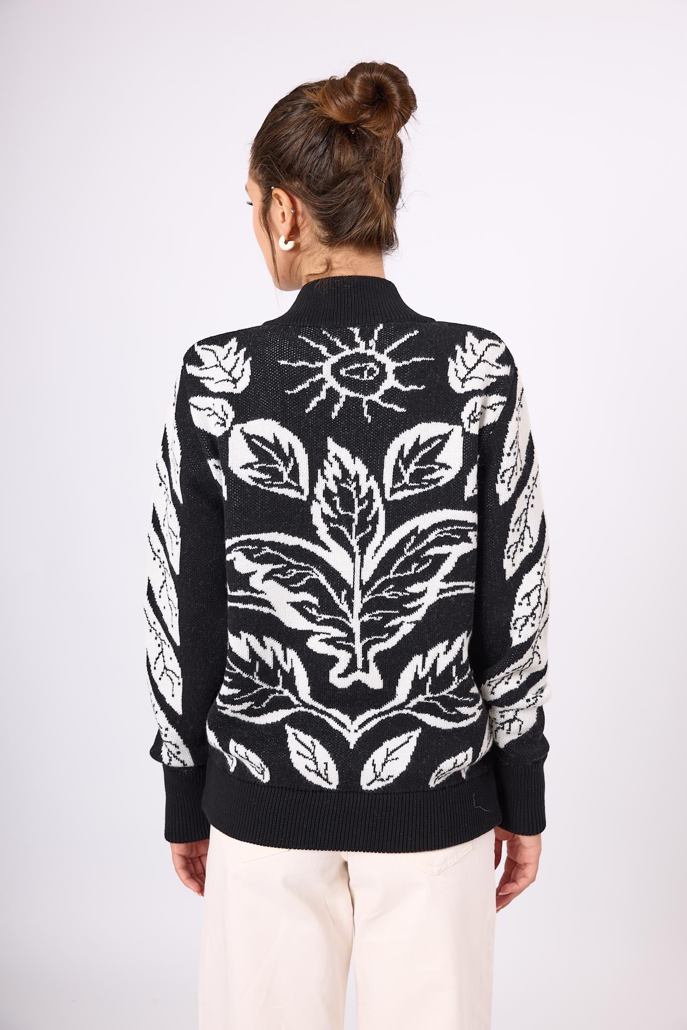 Peraluna-Stardust Kadın Triko Bomber Ceket Siyah/Ekru-Ceket-10-Milagron.com