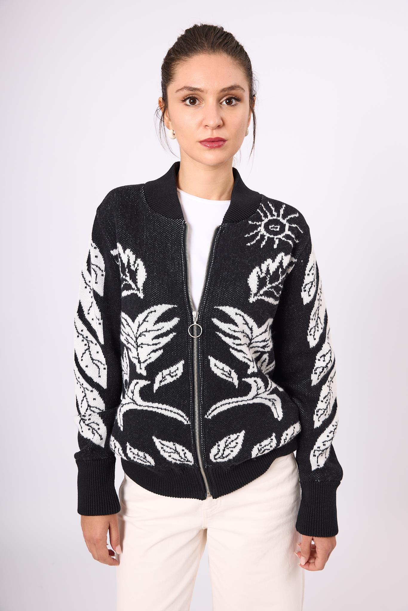 Peraluna-Stardust Kadın Triko Bomber Ceket Siyah/Ekru-Ceket-2-Milagron.com