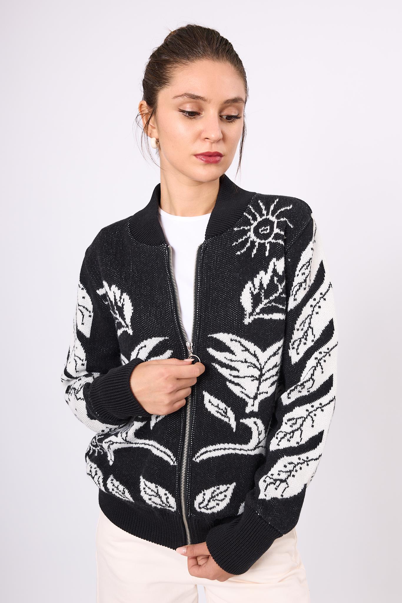 Peraluna-Stardust Kadın Triko Bomber Ceket Siyah/Ekru-Ceket-6-Milagron.com