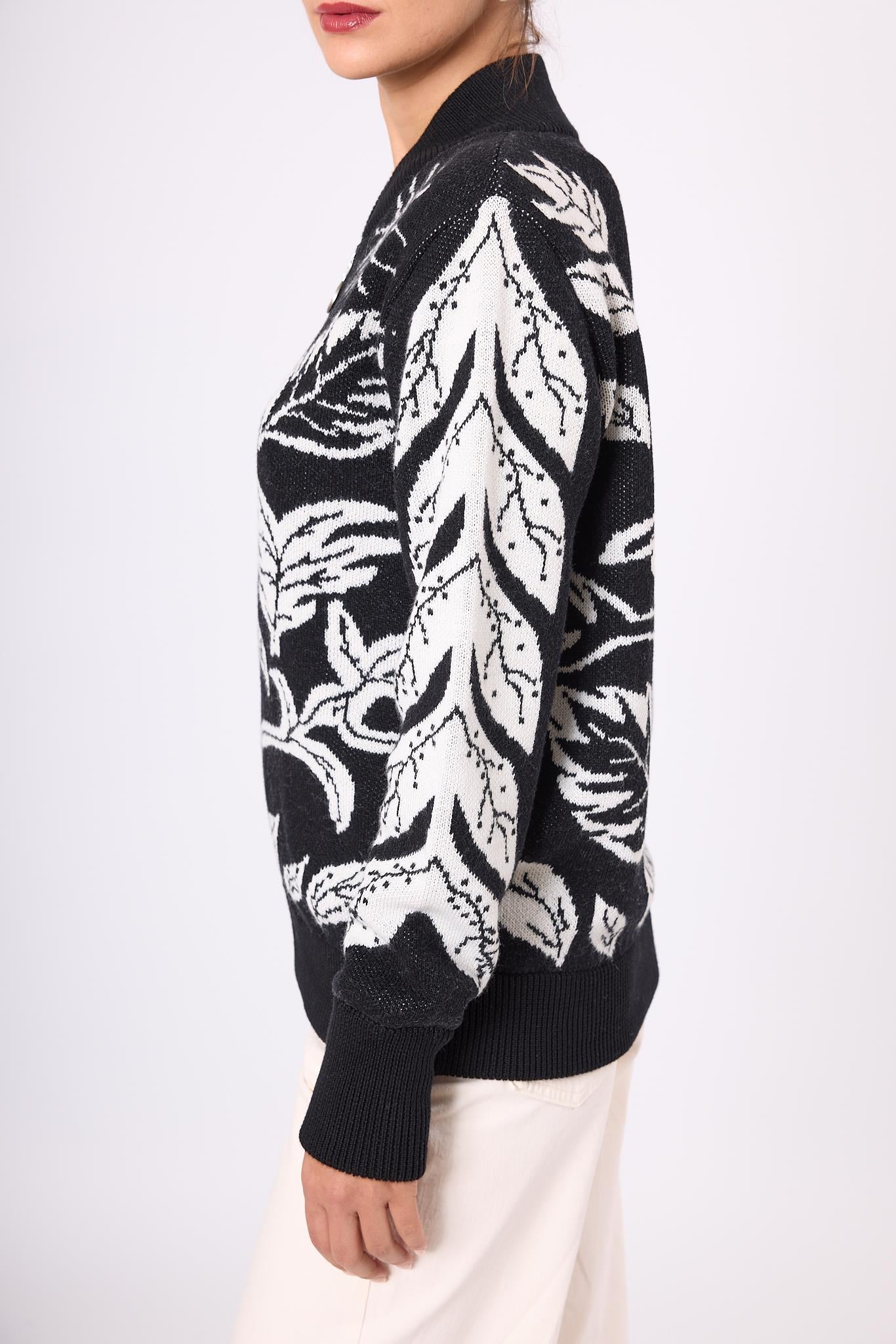 Peraluna-Stardust Kadın Triko Bomber Ceket Siyah/Ekru-Ceket-7-Milagron.com