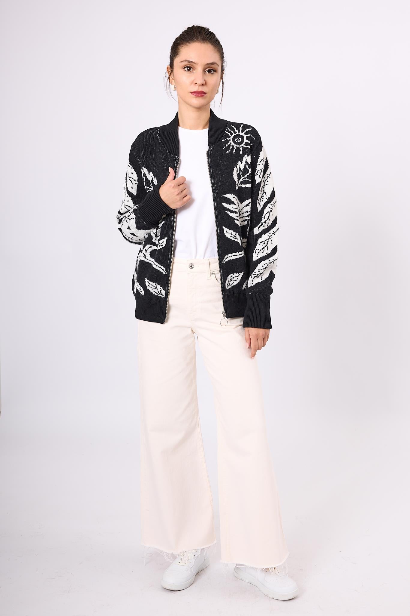 Peraluna-Stardust Kadın Triko Bomber Ceket Siyah/Ekru-Ceket-8-Milagron.com