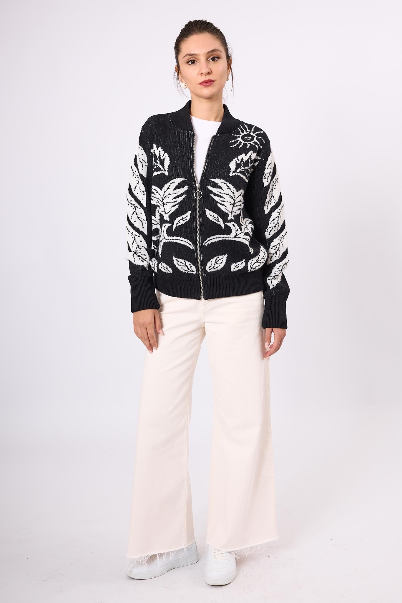 Peraluna-Stardust Kadın Triko Bomber Ceket Siyah/Ekru-Ceket-9-Milagron.com