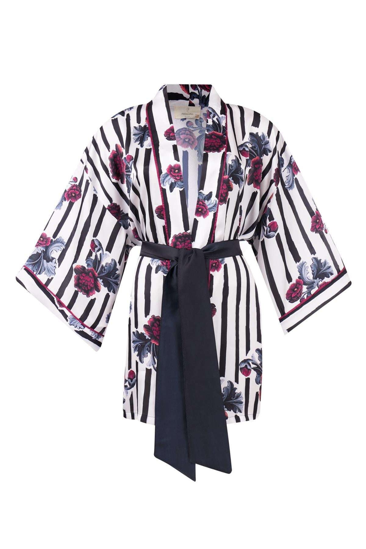 Peraluna-Stripe Garden Short Kimono Çizgili Güllü Baskılı 80 Cm Kısa Saten Kadın Kimono-Kimono-10-Milagron.com