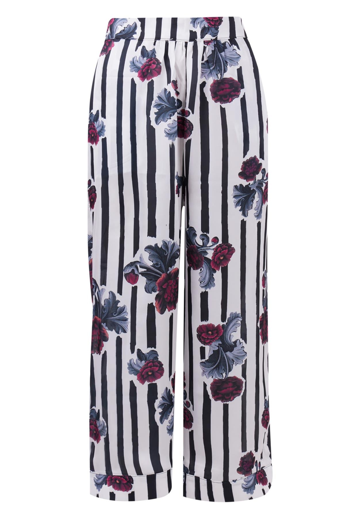 Peraluna-Stripe Garden Trouser Çizgili Güllü Baskılı Saten Kadın Pantolon-Pantolon-9-Milagron.com
