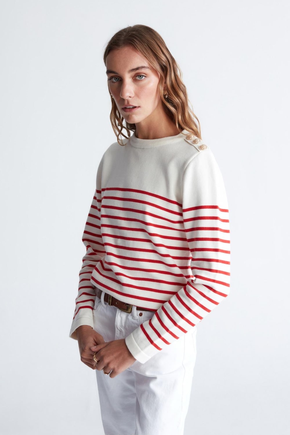 Peraluna-Styleboom X Audrey Pullover Omzu Düğmeli Çizgili Organik Pamuk Mevsimlik Kadın Triko Kazak -Kazak & Triko-10-Milagron.com