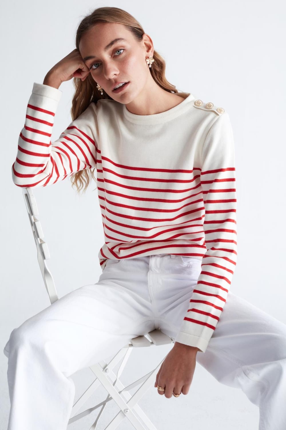 Peraluna-Styleboom X Audrey Pullover Omzu Düğmeli Çizgili Organik Pamuk Mevsimlik Kadın Triko Kazak -Kazak & Triko-16-Milagron.com