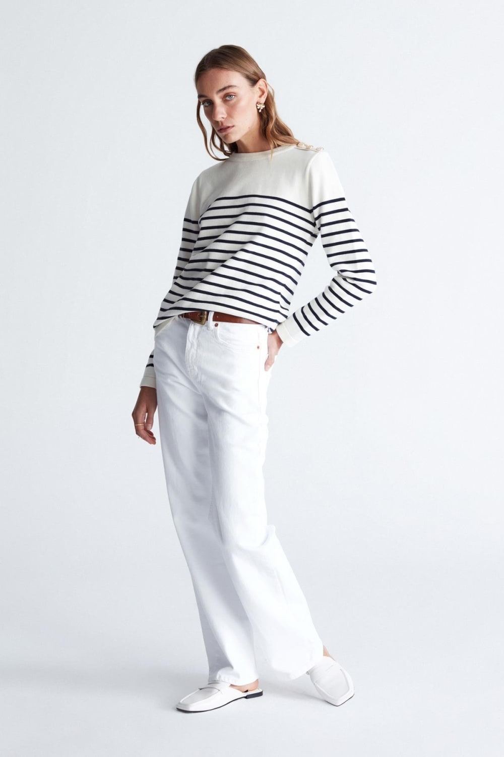 Peraluna-Styleboom X Audrey Pullover Omzu Düğmeli Çizgili Organik Pamuk Mevsimlik Kadın Triko Kazak -Kazak & Triko-3-Milagron.com