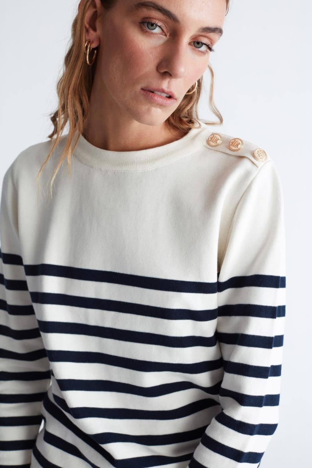 Peraluna-Styleboom X Bardot Pullover Omzu Düğmeli Çizgili Organik Pamuk Mevsimlik Kadın Triko Kazak -Kazak & Triko-6-Milagron.com