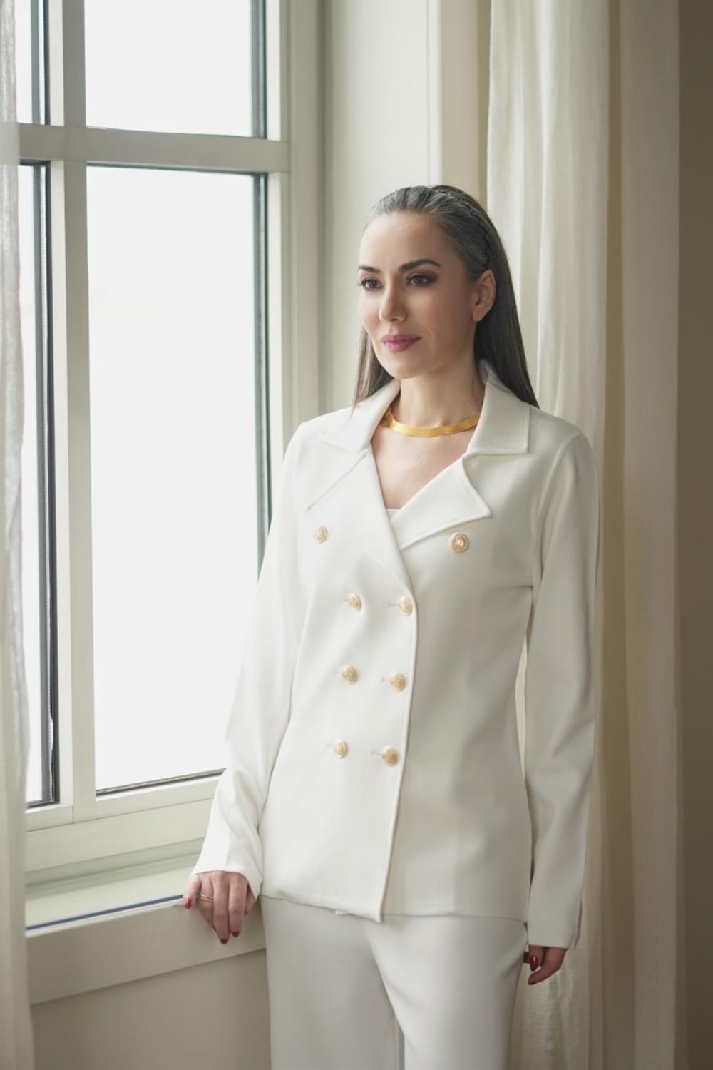 Peraluna-Styleboom X Katherine Blazer Çelik Örgü Klasik Kesim Düğmeli Blazer Kadın Triko Ceket -Ceket-10-Milagron.com