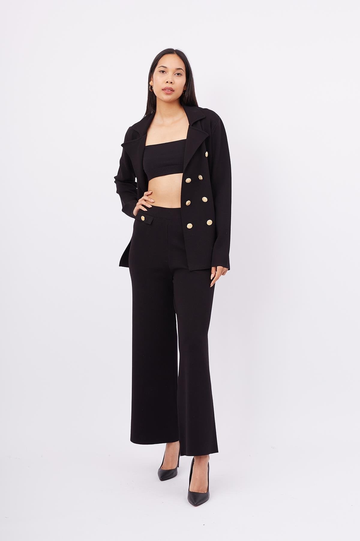 Peraluna-Styleboom X Katherine Blazer Çelik Örgü Klasik Kesim Düğmeli Blazer Kadın Triko Ceket Siyah-Blazer Ceket-5-Milagron.com