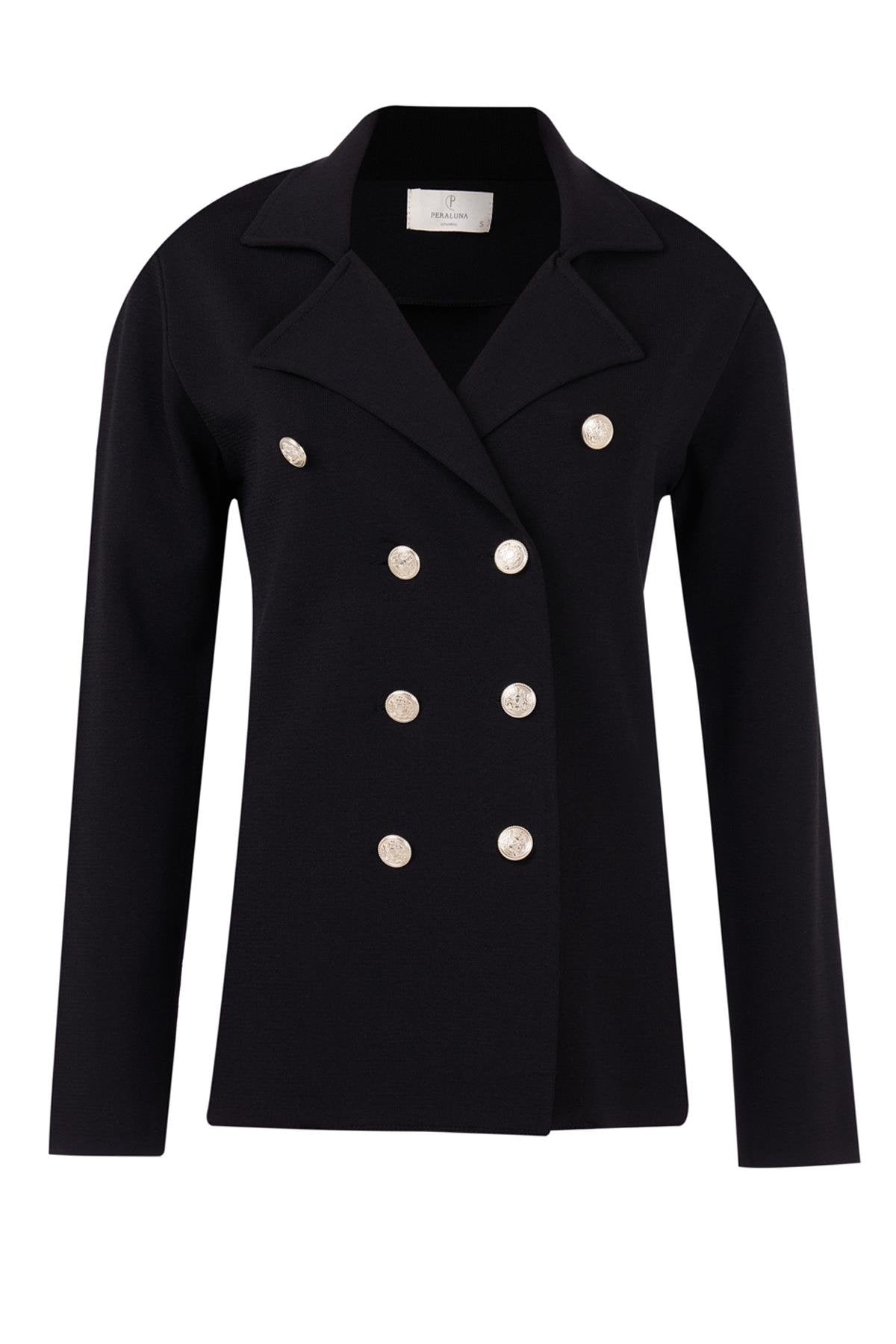Peraluna-Styleboom X Katherine Blazer Çelik Örgü Klasik Kesim Düğmeli Blazer Kadın Triko Ceket Siyah-Blazer Ceket-7-Milagron.com