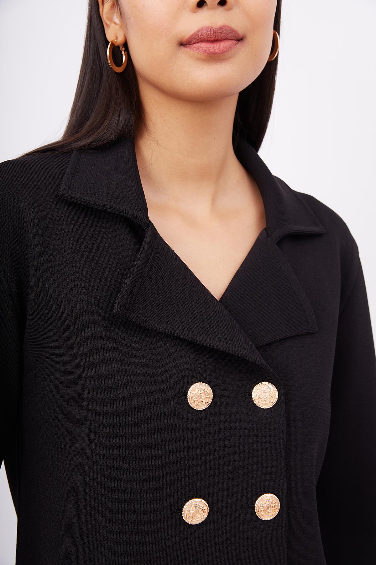 Peraluna-Styleboom X Kathy Blazer Çelik Örgü Crop Kruvaze Blazer Kadın Triko Ceket Siyah-Blazer Ceket-4-Milagron.com