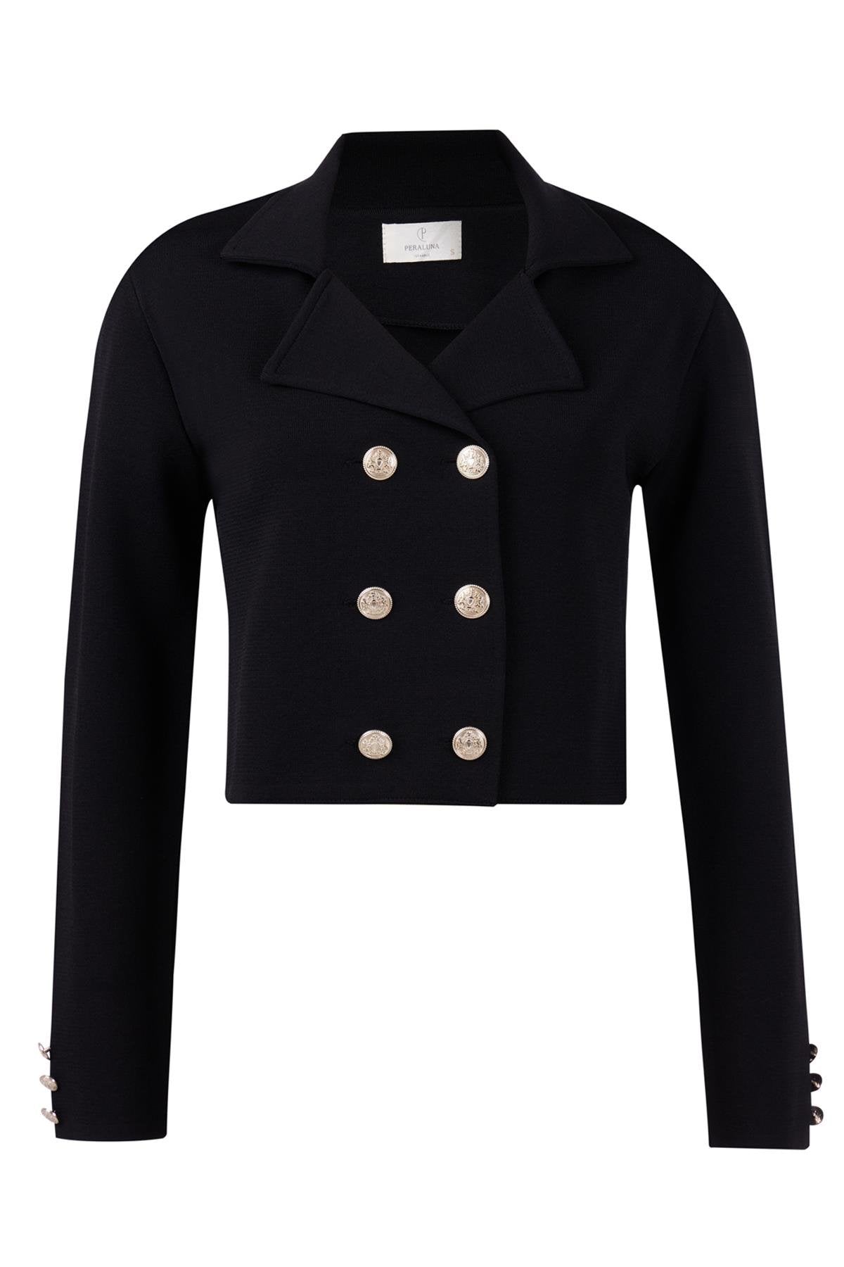 Peraluna-Styleboom X Kathy Blazer Çelik Örgü Crop Kruvaze Blazer Kadın Triko Ceket Siyah-Blazer Ceket-9-Milagron.com