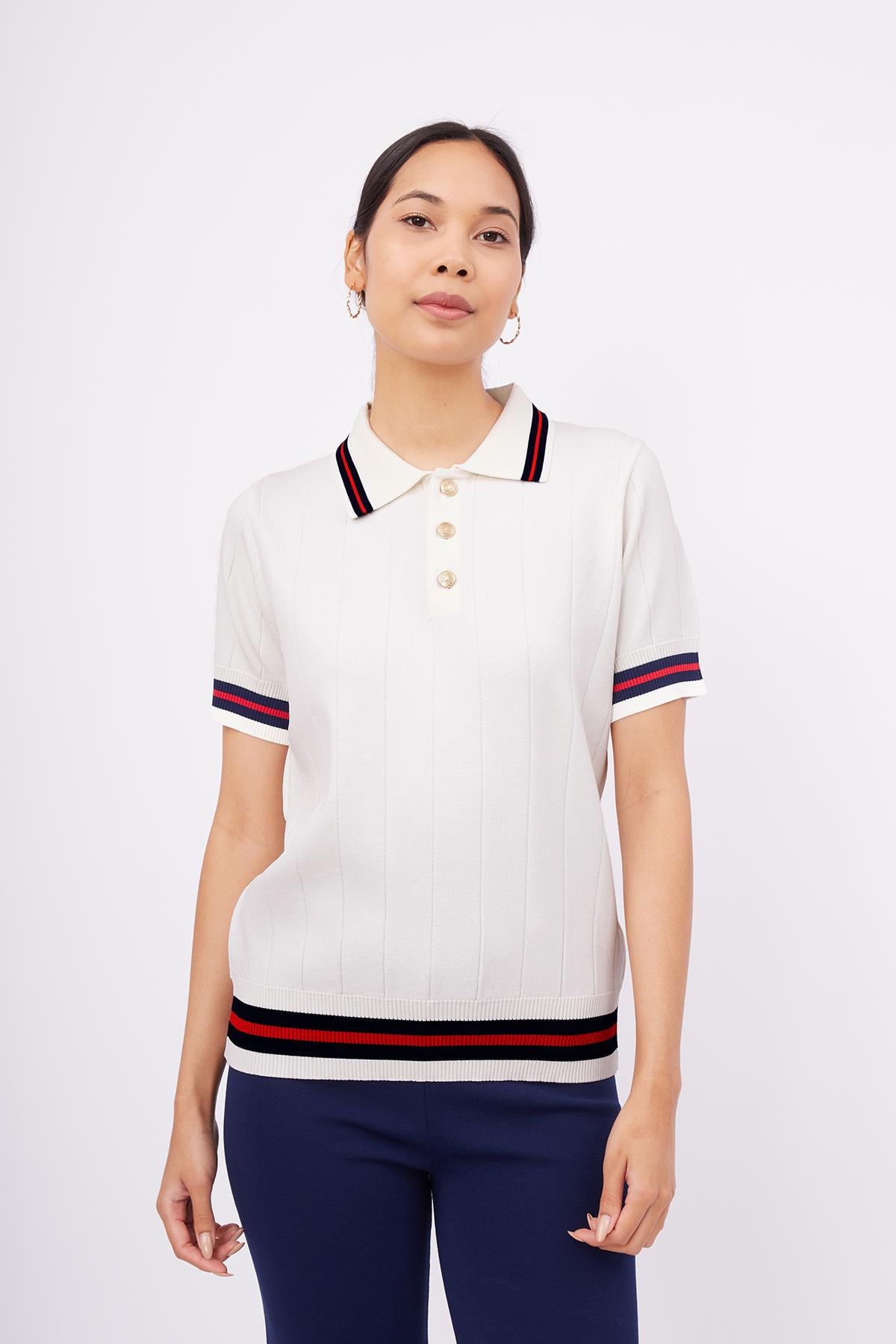Styleboom X Peraluna Liza Blouse Polo Yaka Kadın Triko Bluz - Ekru