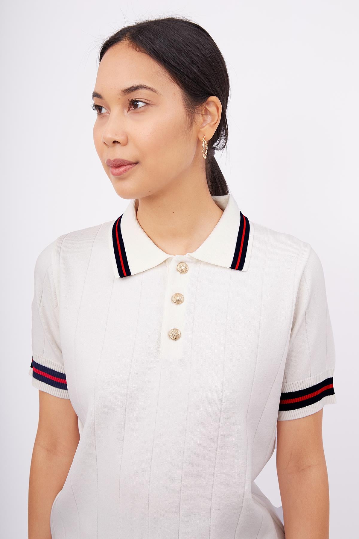 Styleboom X Peraluna Liza Blouse Polo Yaka Kadın Triko Bluz - Ekru