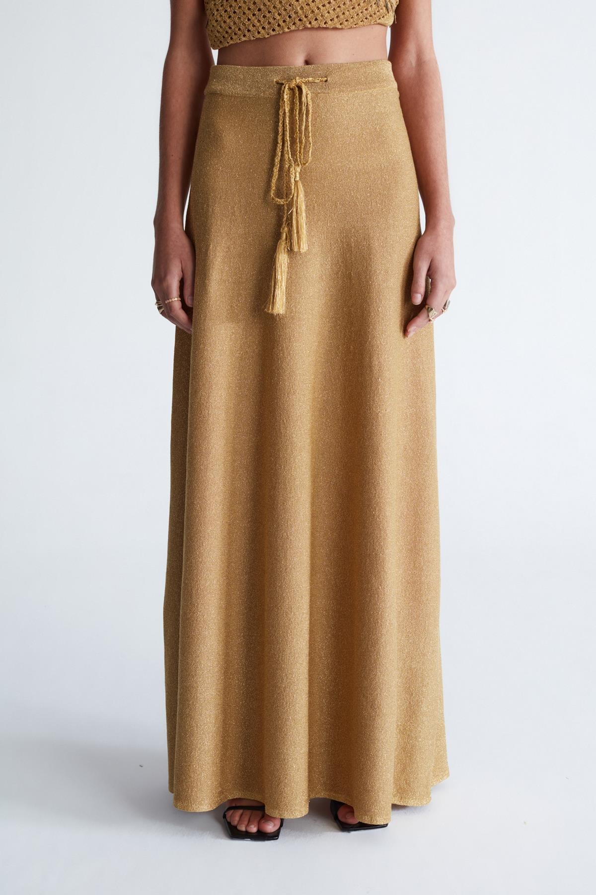 Styleboom X Peraluna Marilyn Skirt Simli Maxi Boy Beli Bağcıklı Kadın Triko Etek - Altın