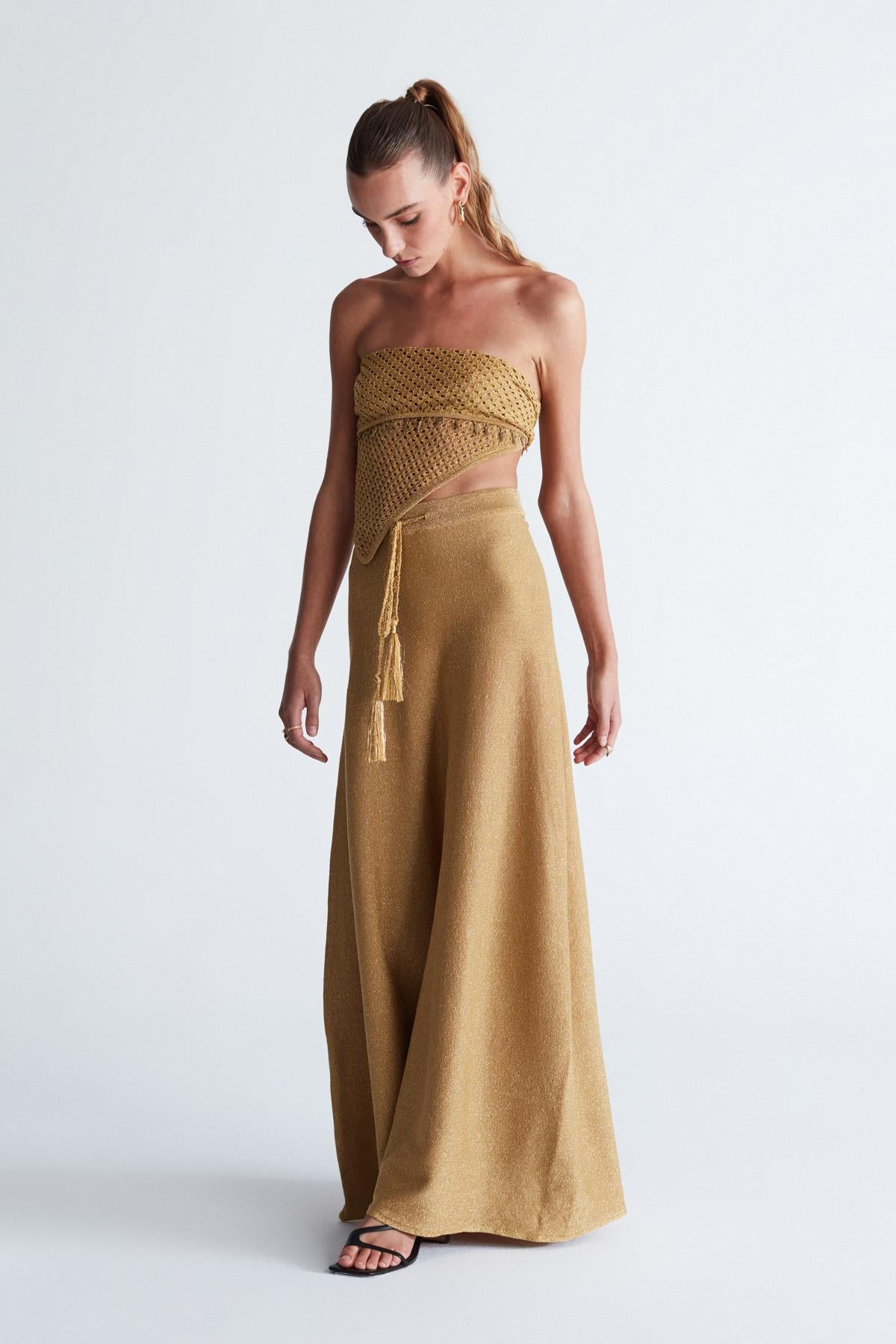 Styleboom X Peraluna Marilyn Skirt Simli Maxi Boy Beli Bağcıklı Kadın Triko Etek - Altın