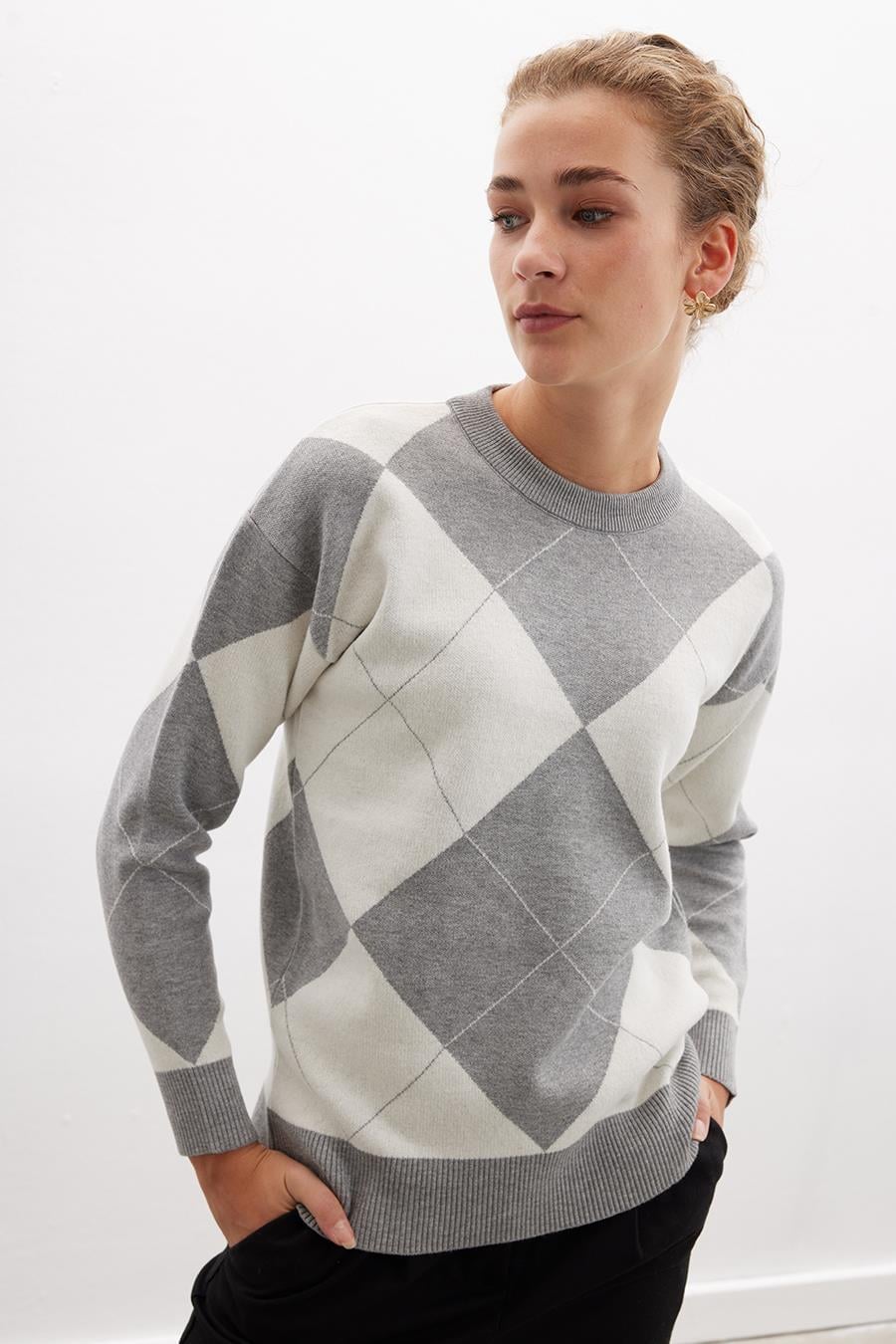 Styleboom X Peraluna Oxford Pullover Bisiklet Yaka Baklava Desen Kadın Triko Kazak - Gri Melanj