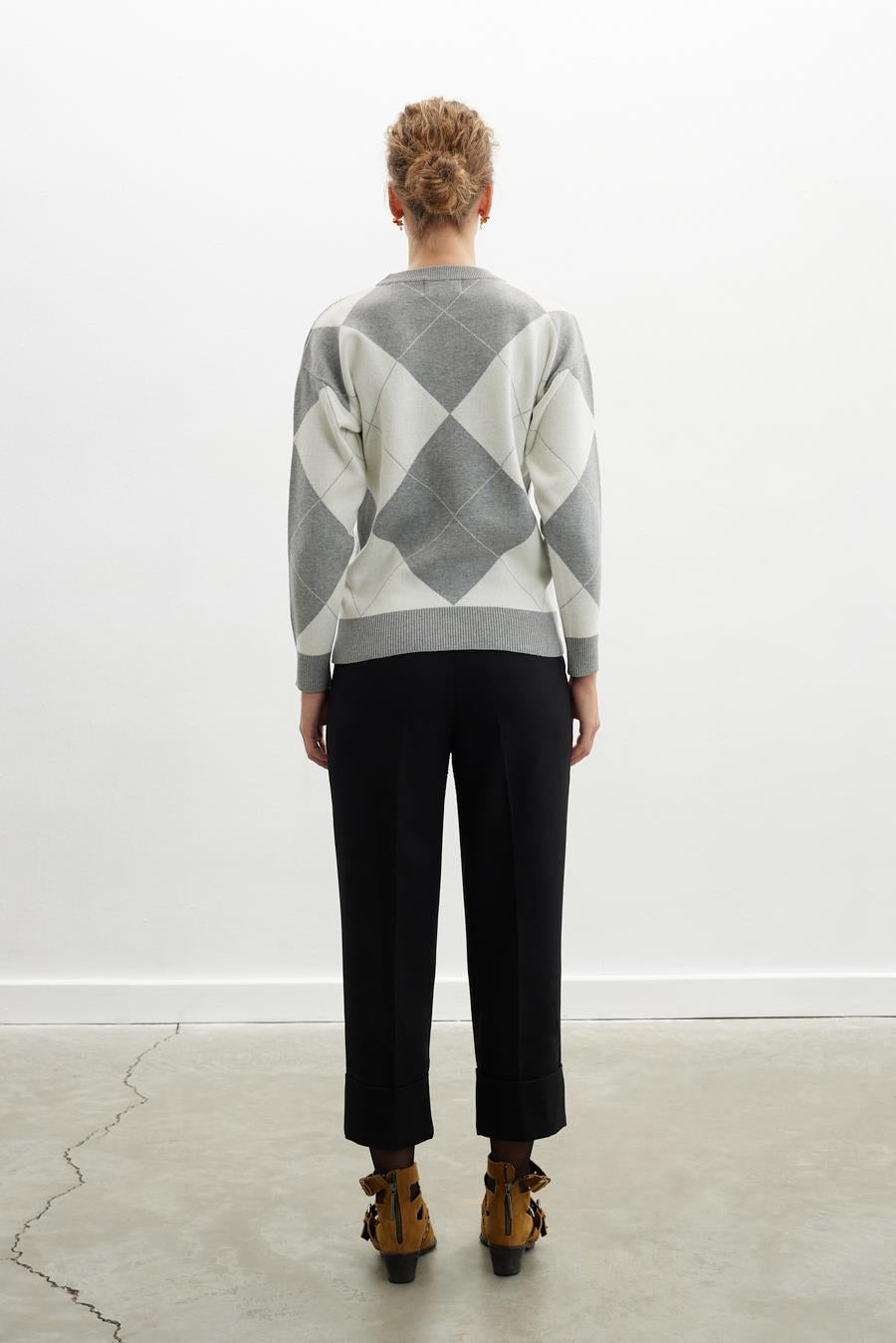 Styleboom X Peraluna Oxford Pullover Bisiklet Yaka Baklava Desen Kadın Triko Kazak - Gri Melanj