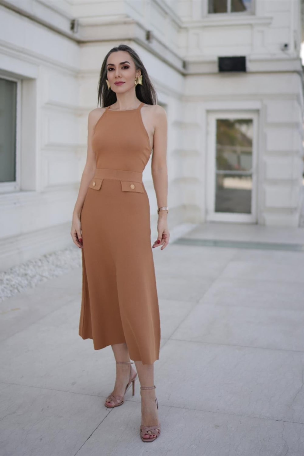 Peraluna-Styleboom X Vivien Skirt Düğme Detaylı Diz Altı Kloş Kadın Triko Etek -Etek-1-Milagron.com