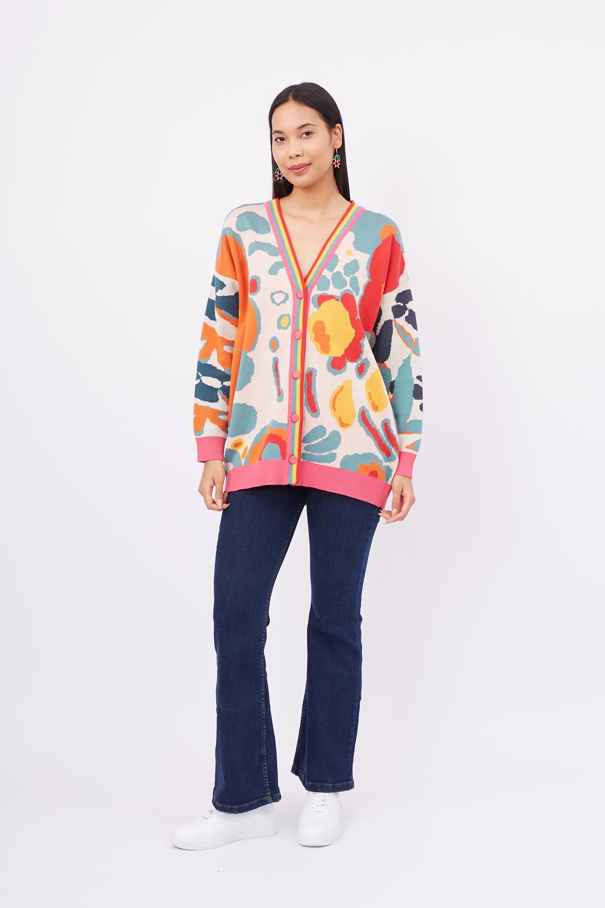 Peraluna-Sunlight Cardigan Çok Renkli Çiçek Jakar Desenli Bol Kesim Kadın Triko Hırka-Kazak & Triko-1-Milagron.com