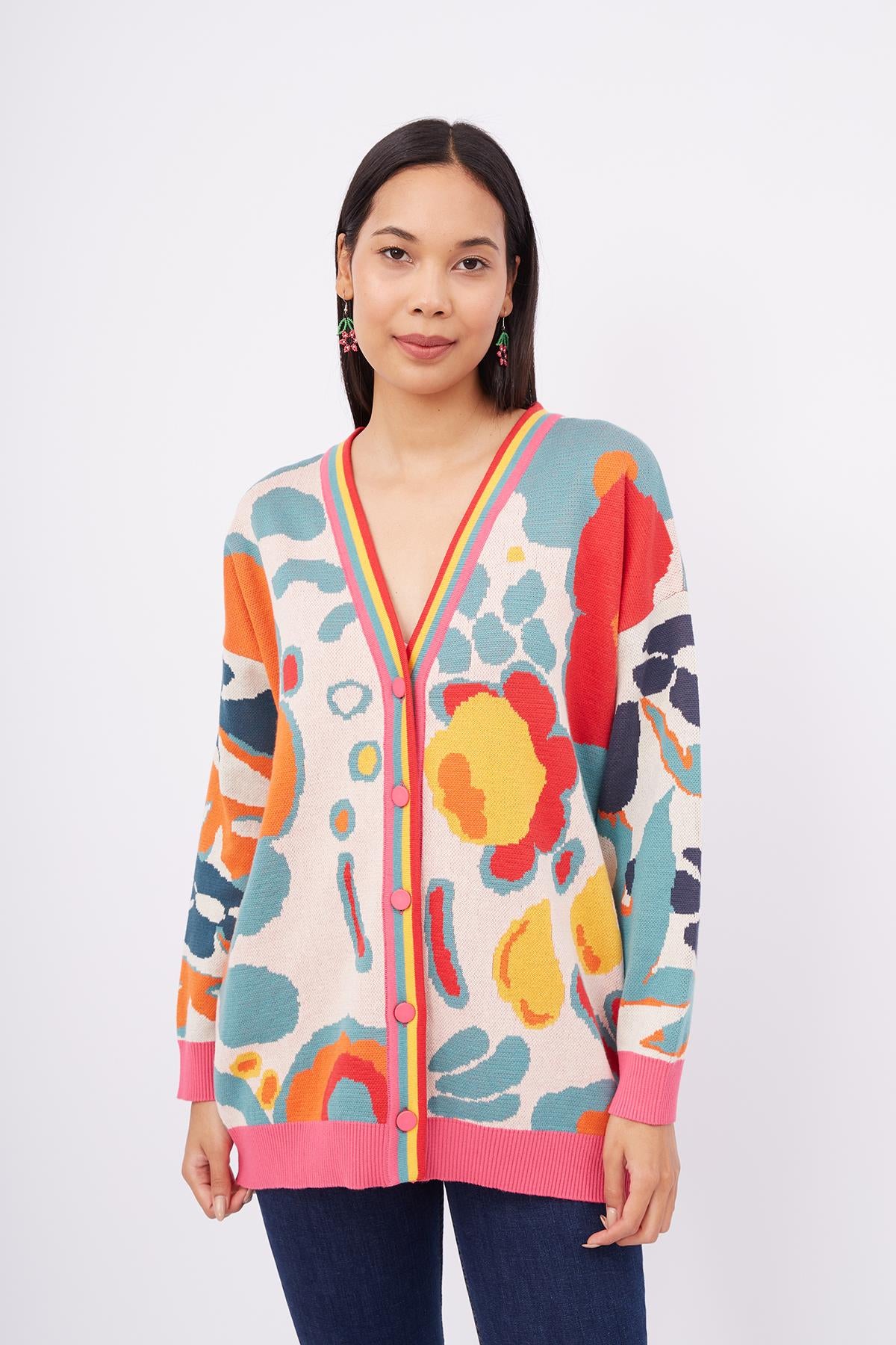 Peraluna-Sunlight Cardigan Çok Renkli Çiçek Jakar Desenli Bol Kesim Kadın Triko Hırka-Kazak & Triko-2-Milagron.com