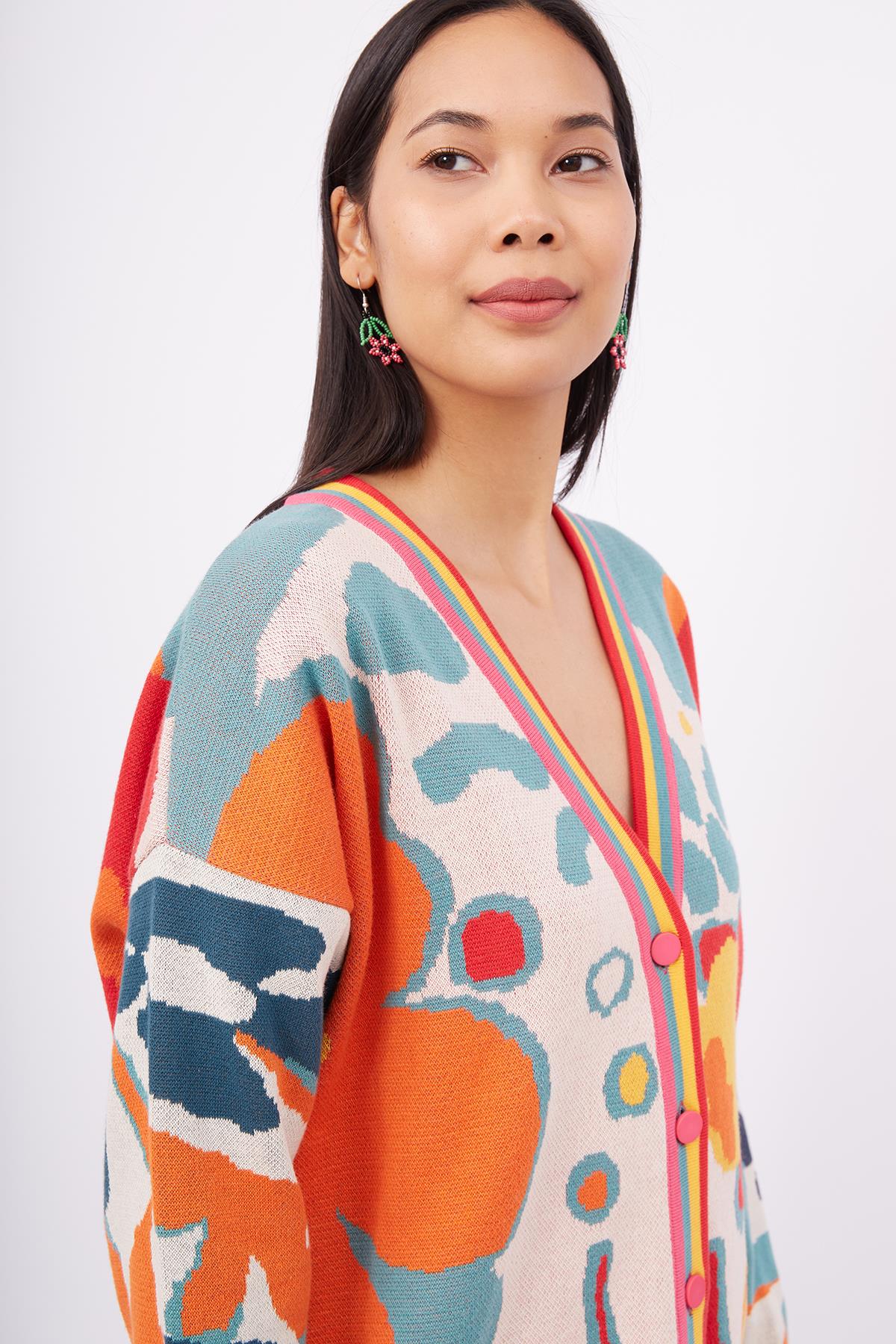 Peraluna-Sunlight Cardigan Çok Renkli Çiçek Jakar Desenli Bol Kesim Kadın Triko Hırka-Kazak & Triko-4-Milagron.com