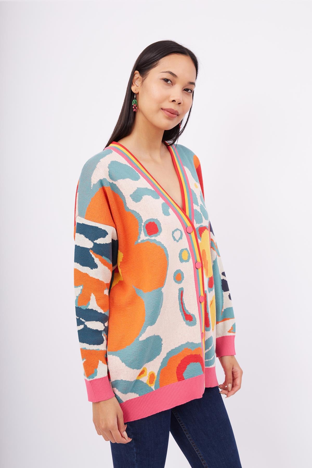 Peraluna-Sunlight Cardigan Çok Renkli Çiçek Jakar Desenli Bol Kesim Kadın Triko Hırka-Kazak & Triko-5-Milagron.com