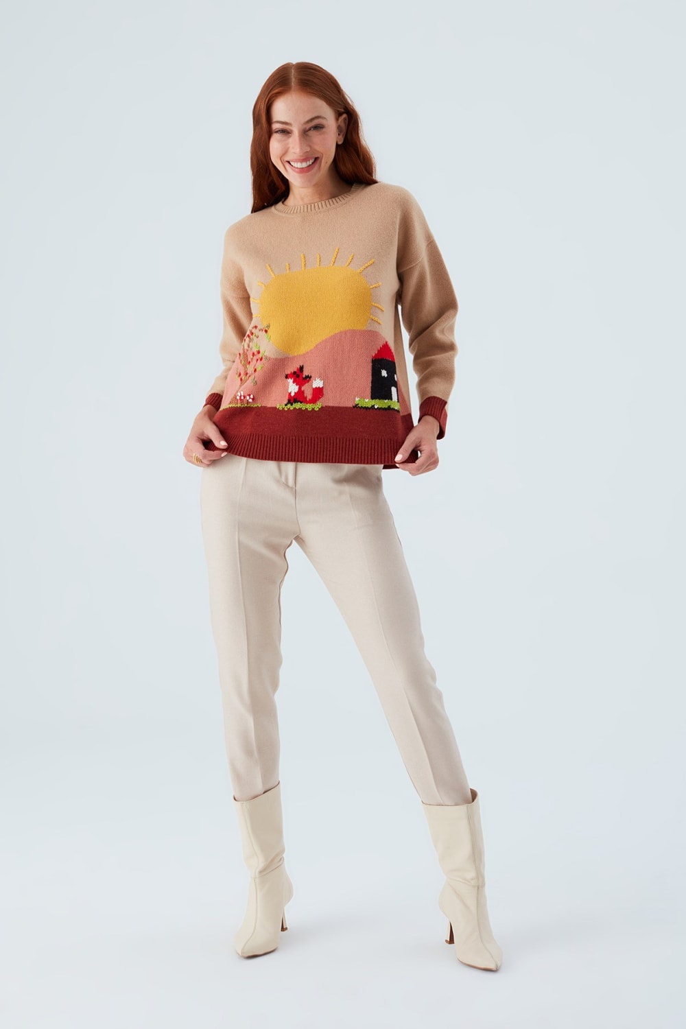 Peraluna-Sunny Pullover El İşlemeli Desenli Kadın Triko Kazak-Kazak & Triko-1-Milagron.com