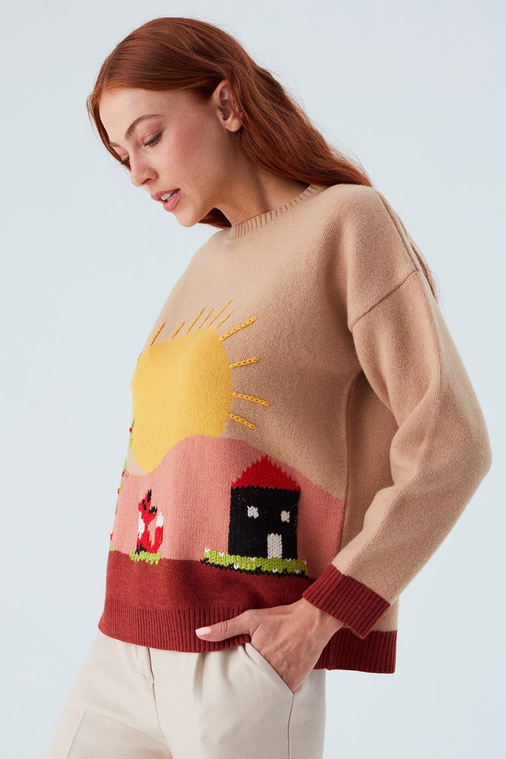 Peraluna-Sunny Pullover El İşlemeli Desenli Kadın Triko Kazak-Kazak & Triko-2-Milagron.com