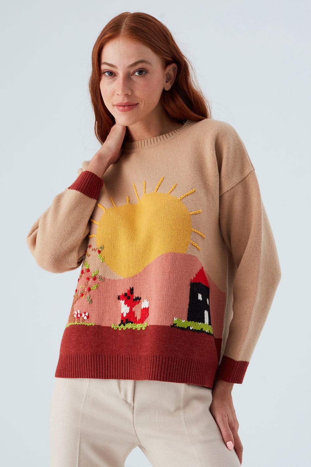 Peraluna-Sunny Pullover El İşlemeli Desenli Kadın Triko Kazak-Kazak & Triko-4-Milagron.com