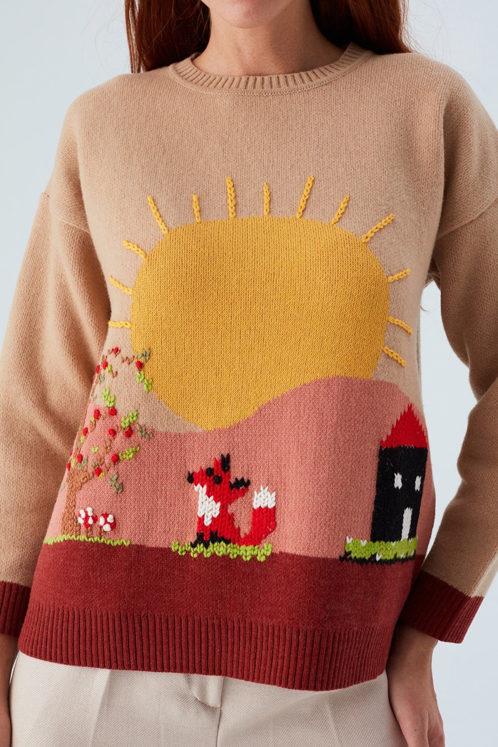 Peraluna-Sunny Pullover El İşlemeli Desenli Kadın Triko Kazak-Kazak & Triko-5-Milagron.com