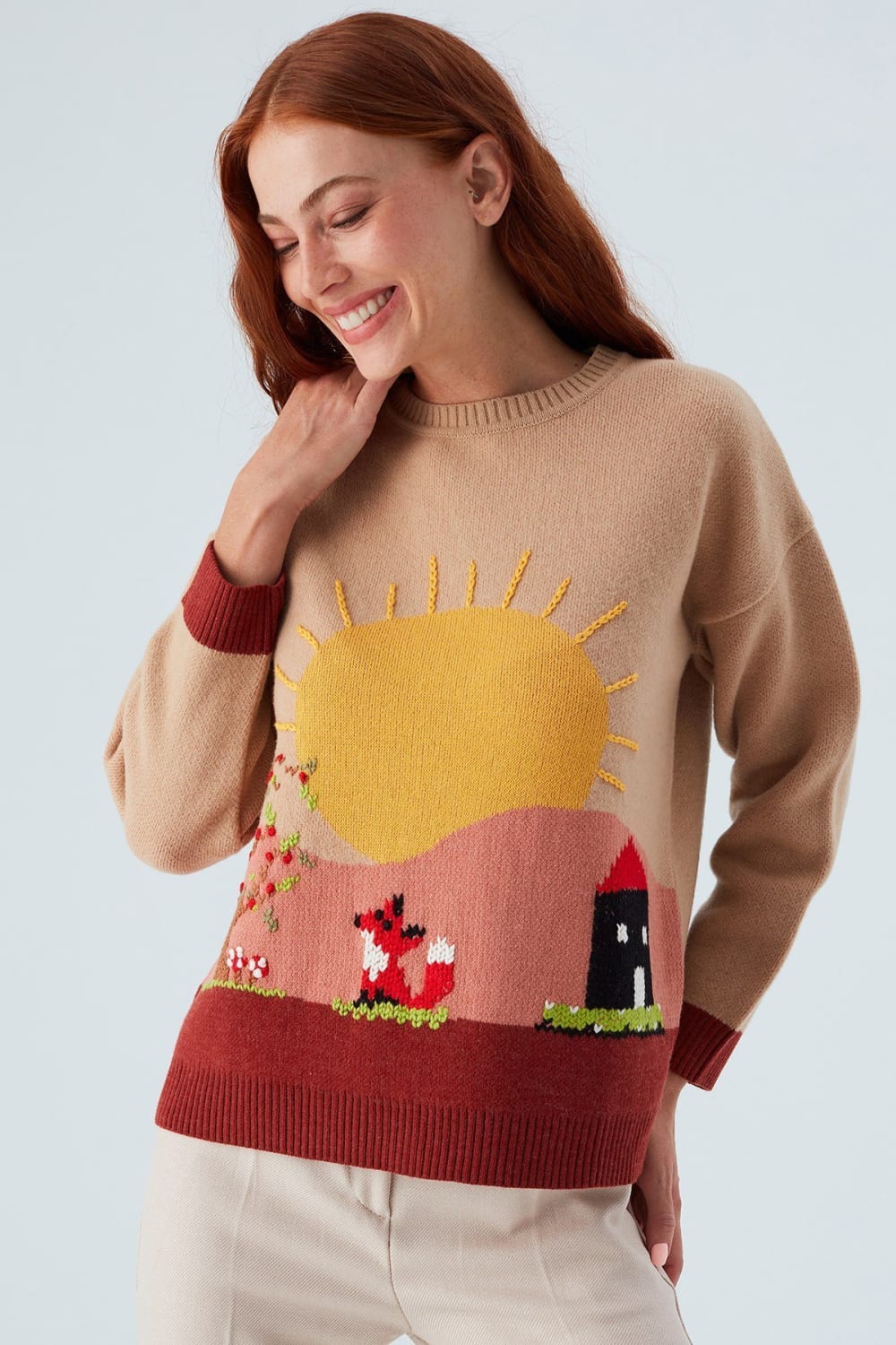 Peraluna-Sunny Pullover El İşlemeli Desenli Kadın Triko Kazak-Kazak & Triko-6-Milagron.com