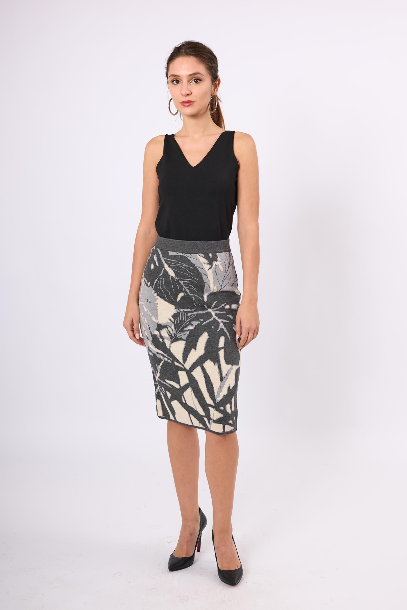 Peraluna-Susan Jakarlı Diz Altı Triko Etek Ekru/Antrasit-Etek-1-Milagron.com