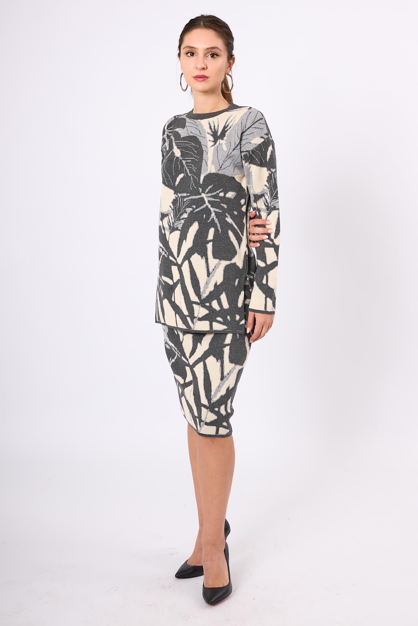 Peraluna-Susan Jakarlı Diz Altı Triko Etek Ekru/Antrasit-Etek-3-Milagron.com