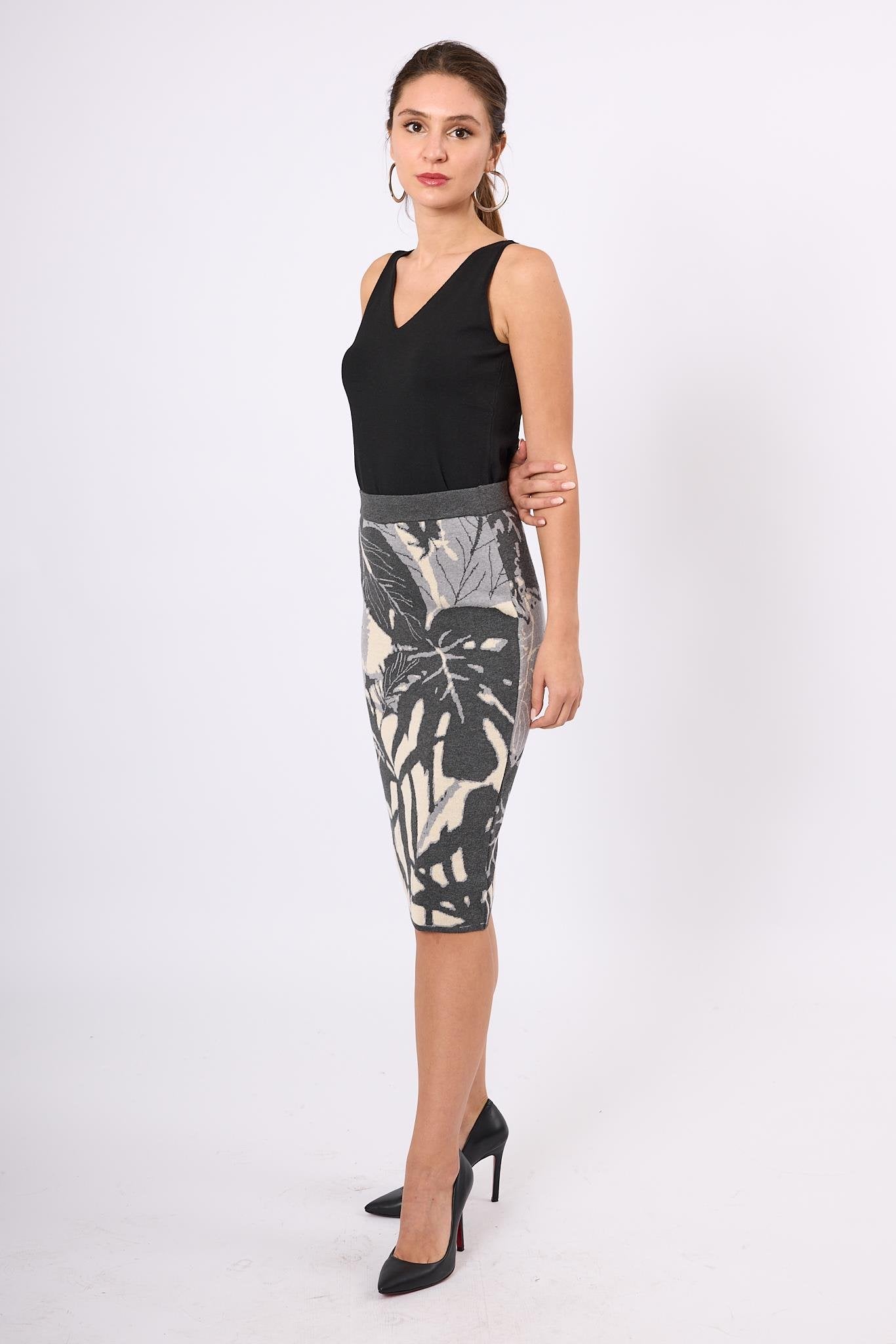 Peraluna-Susan Jakarlı Diz Altı Triko Etek Ekru/Antrasit-Etek-5-Milagron.com