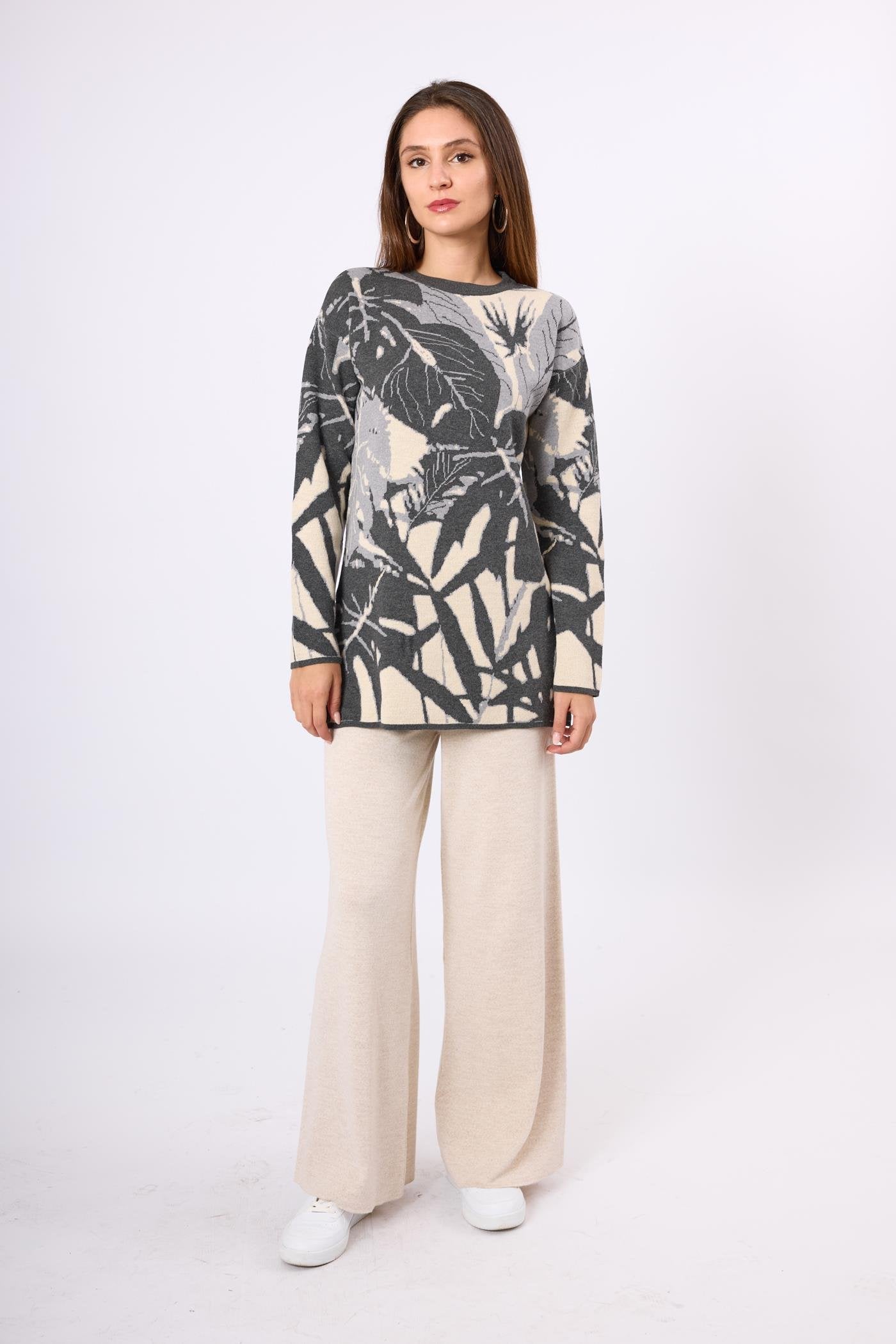 Peraluna-Susan Jakarlı Kadın Triko Tunik Ekru/Antrasit-Kazak & Triko-1-Milagron.com