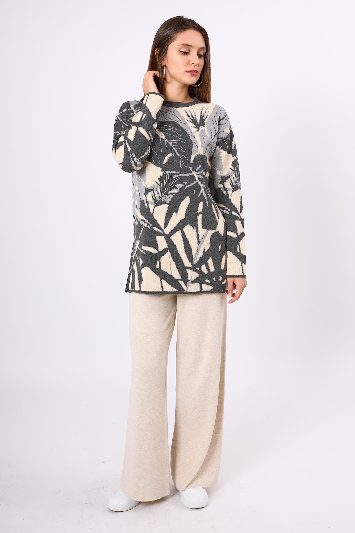 Peraluna-Susan Jakarlı Kadın Triko Tunik Ekru/Antrasit-Kazak & Triko-7-Milagron.com