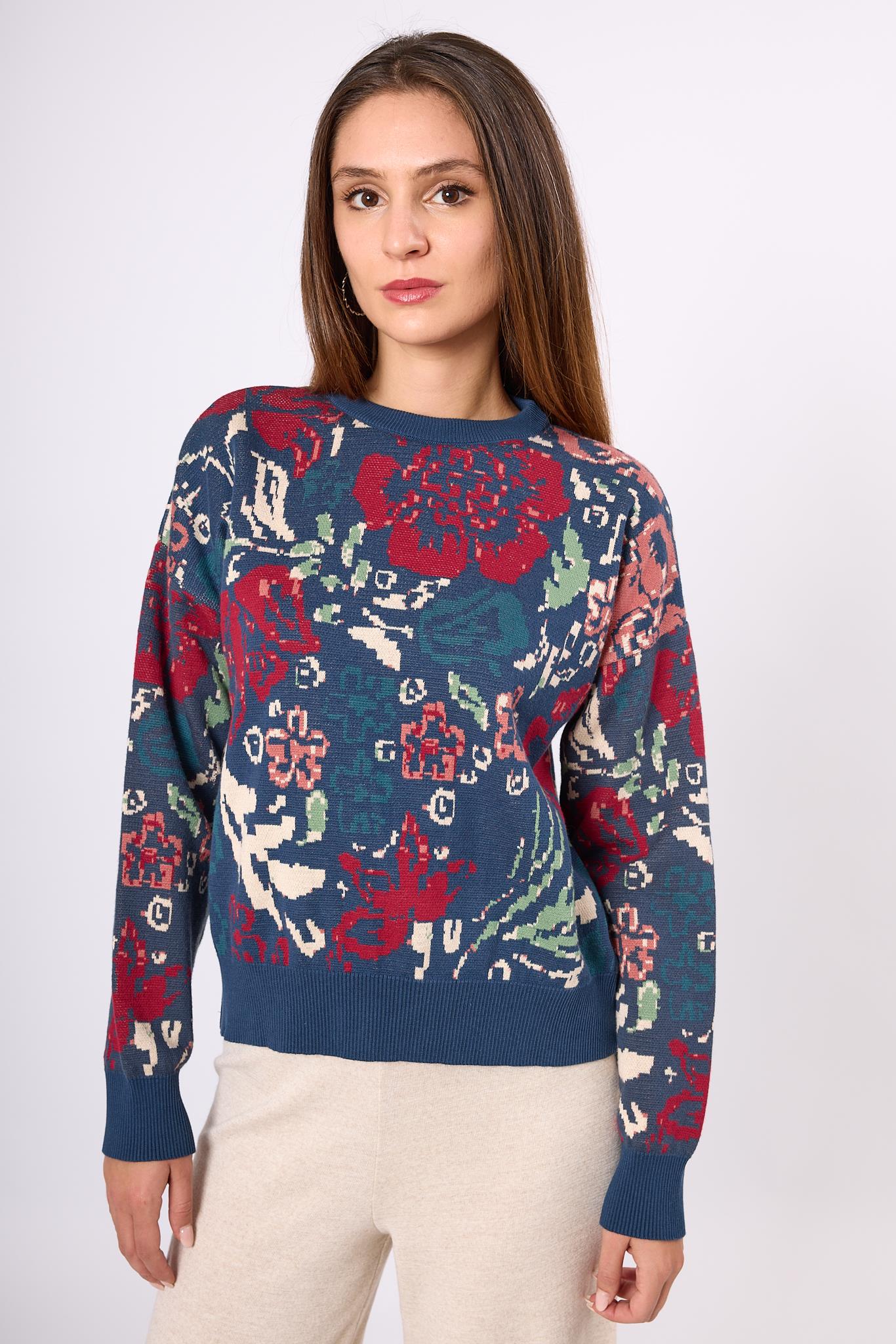 Peraluna-Sweet Dreams Çiçek Jakarlı Kadın Triko Kazak İndigo Multi-Kazak & Triko-2-Milagron.com