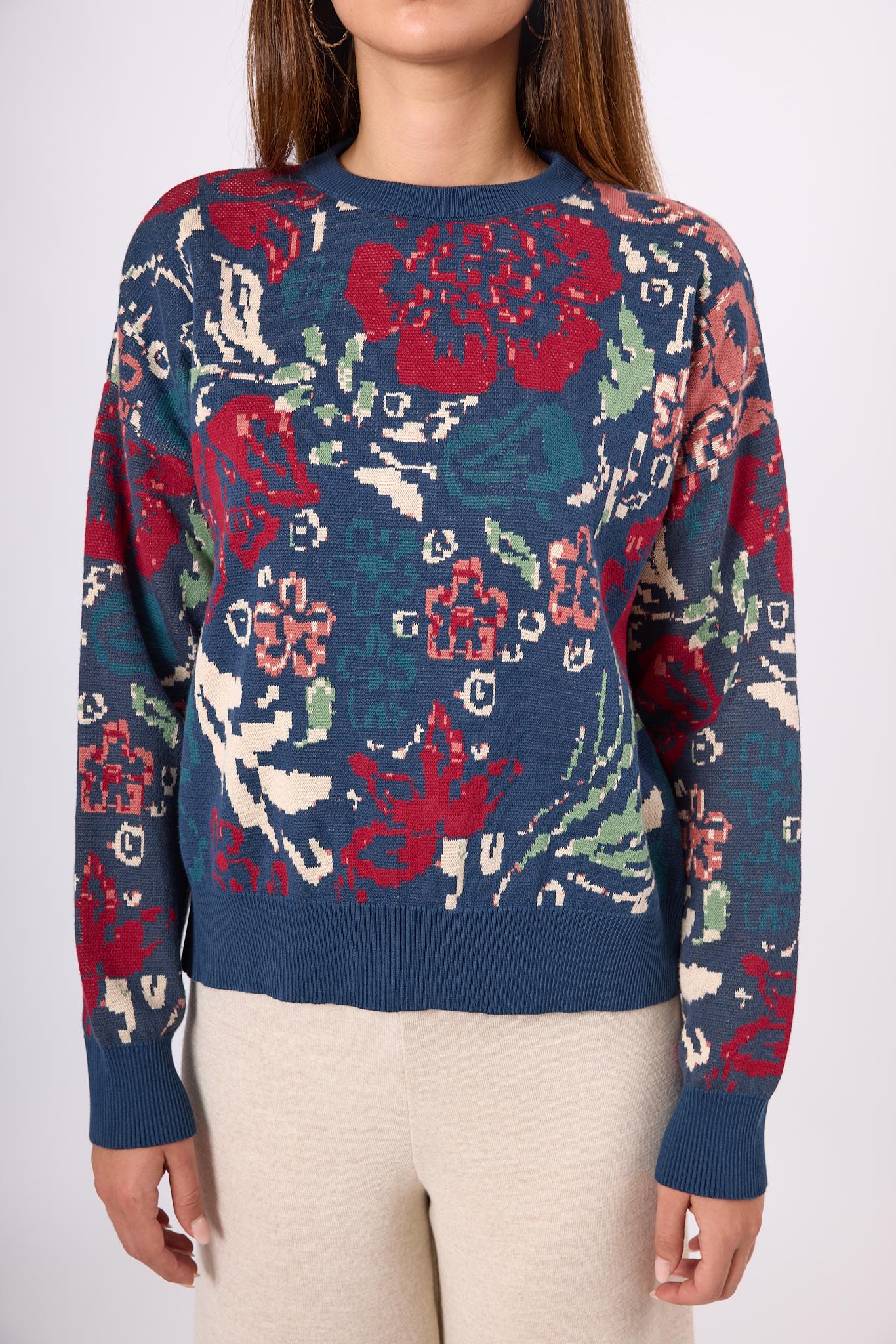 Peraluna-Sweet Dreams Çiçek Jakarlı Kadın Triko Kazak İndigo Multi-Kazak & Triko-3-Milagron.com