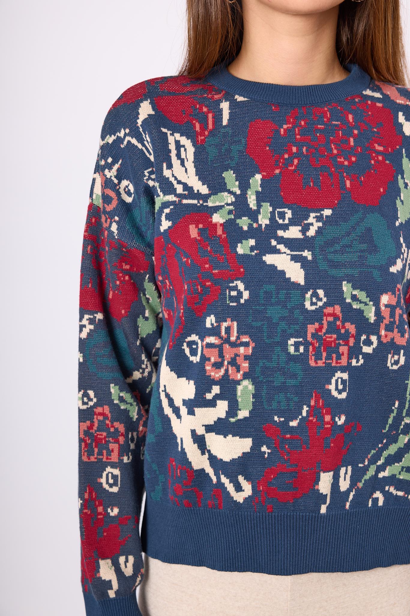 Peraluna-Sweet Dreams Çiçek Jakarlı Kadın Triko Kazak İndigo Multi-Kazak & Triko-4-Milagron.com