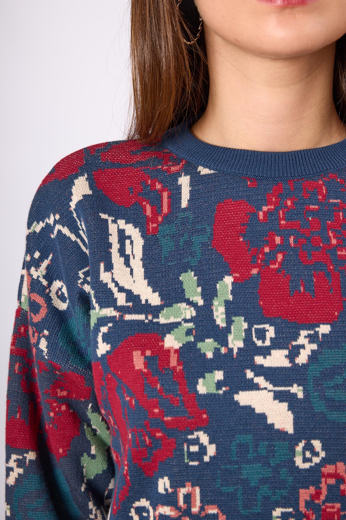 Peraluna-Sweet Dreams Çiçek Jakarlı Kadın Triko Kazak İndigo Multi-Kazak & Triko-5-Milagron.com