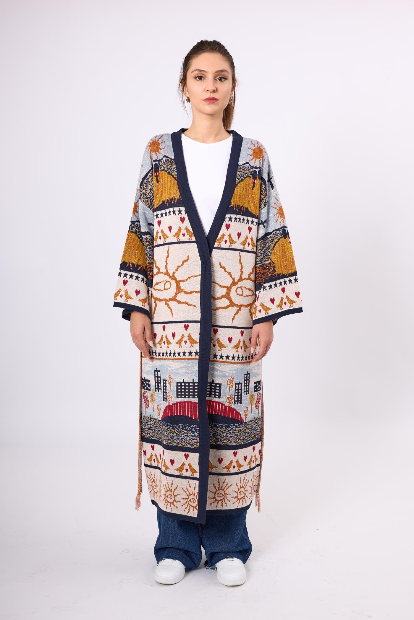 Peraluna-Sweet Memories Jakarlı Kadın Uzun Triko Kimono Lacivert Multi-Kimono-1-Milagron.com
