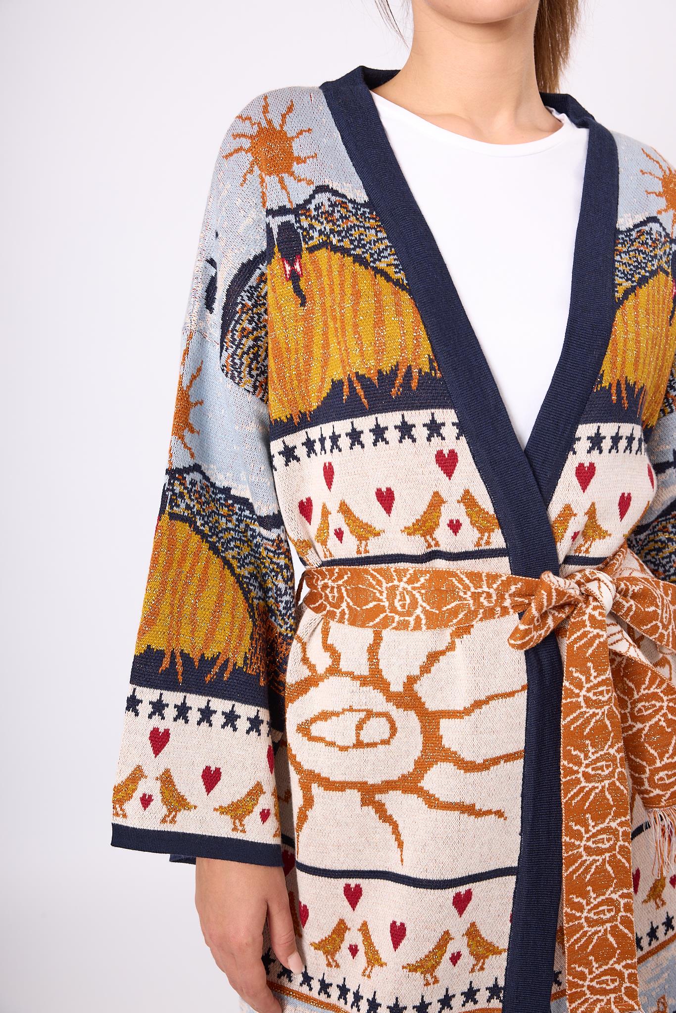 Peraluna-Sweet Memories Jakarlı Kadın Uzun Triko Kimono Lacivert Multi-Kimono-3-Milagron.com