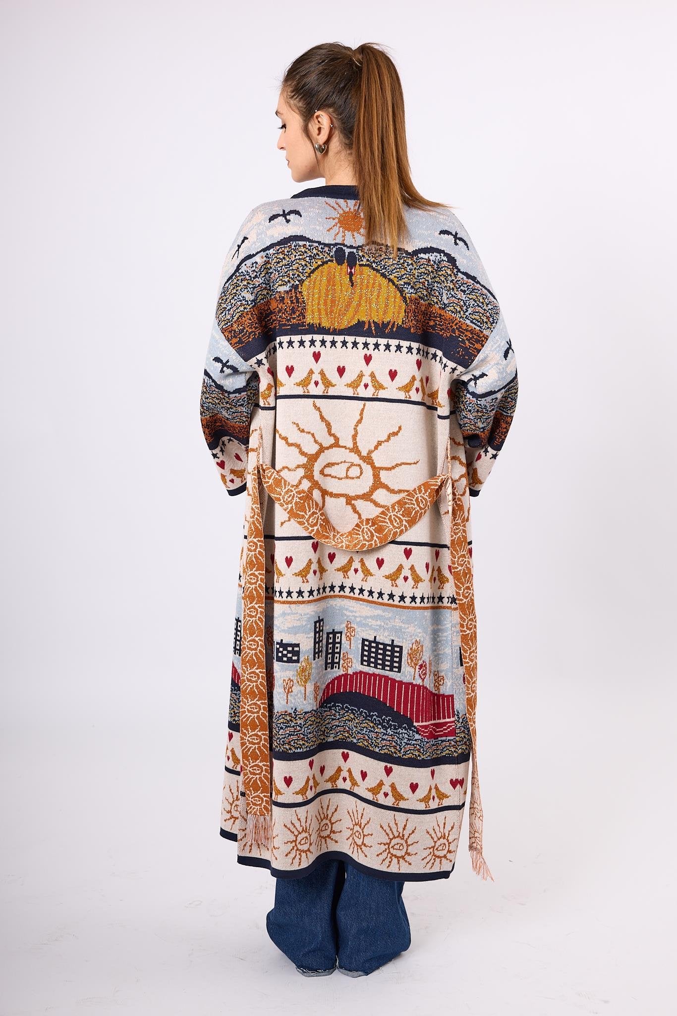 Peraluna-Sweet Memories Jakarlı Kadın Uzun Triko Kimono Lacivert Multi-Kimono-4-Milagron.com