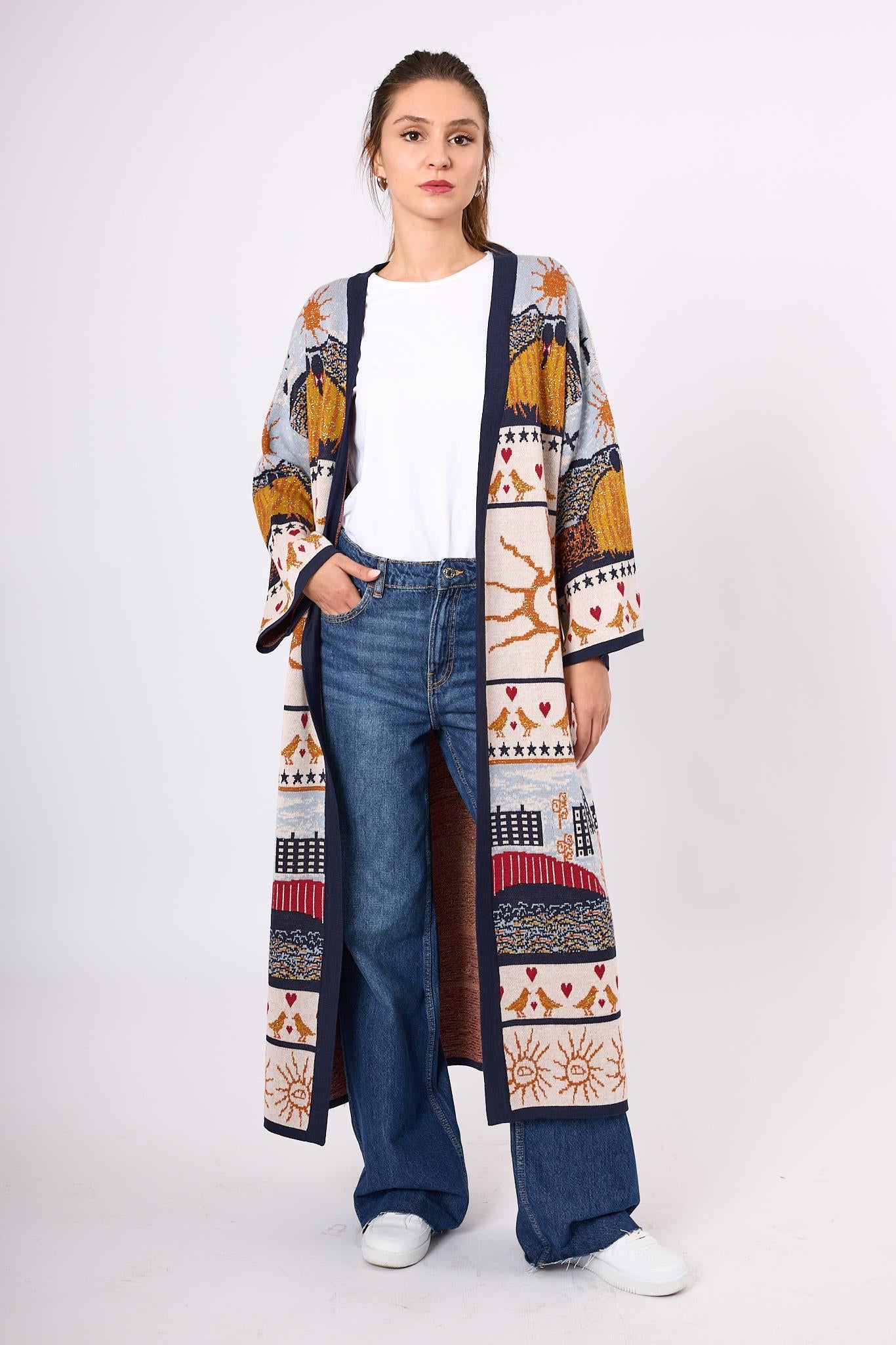 Peraluna-Sweet Memories Jakarlı Kadın Uzun Triko Kimono Lacivert Multi-Kimono-7-Milagron.com