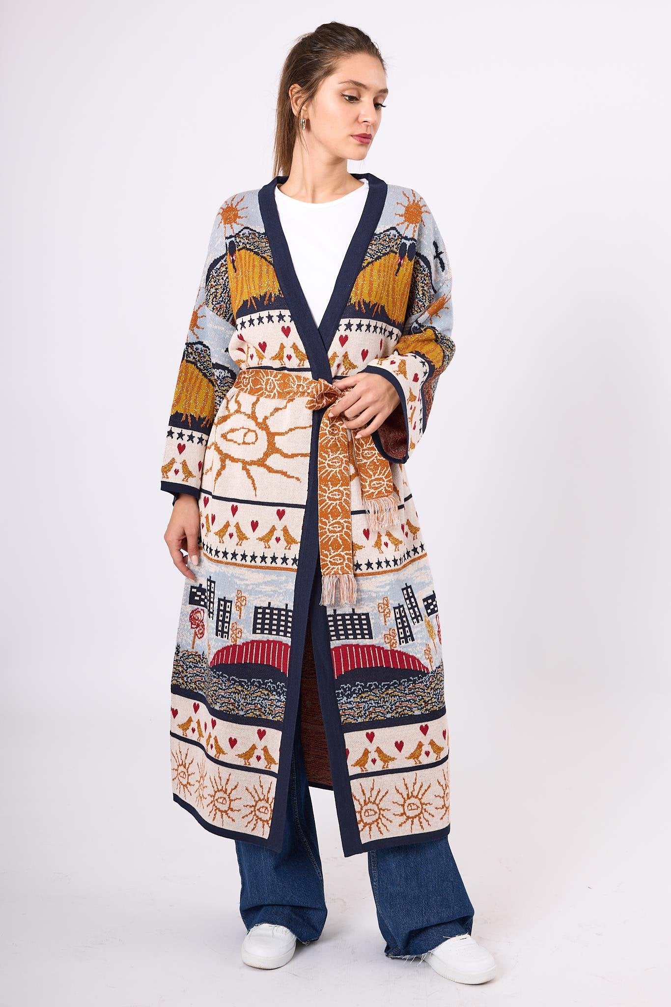 Peraluna-Sweet Memories Jakarlı Kadın Uzun Triko Kimono Lacivert Multi-Kimono-8-Milagron.com
