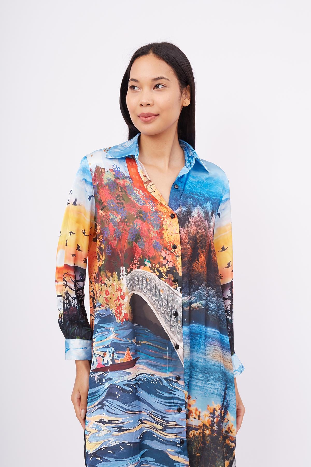 Peraluna-Sweet Memories Long Shirt Dress Manzara Baskılı 120 Cm Saten Uzun Gömlek Elbise-Elbise-2-Milagron.com