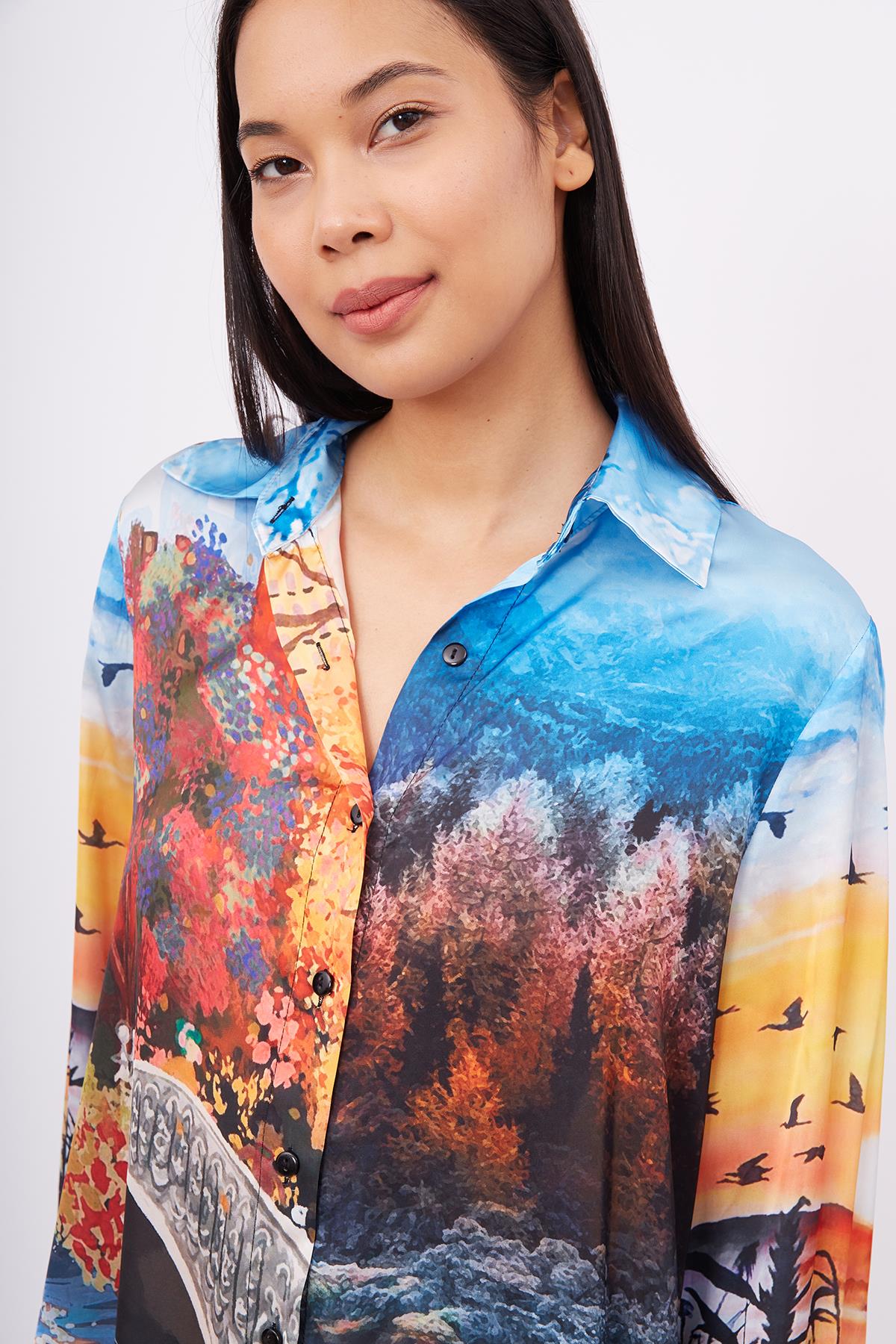 Peraluna-Sweet Memories Long Shirt Dress Manzara Baskılı 120 Cm Saten Uzun Gömlek Elbise-Elbise-3-Milagron.com