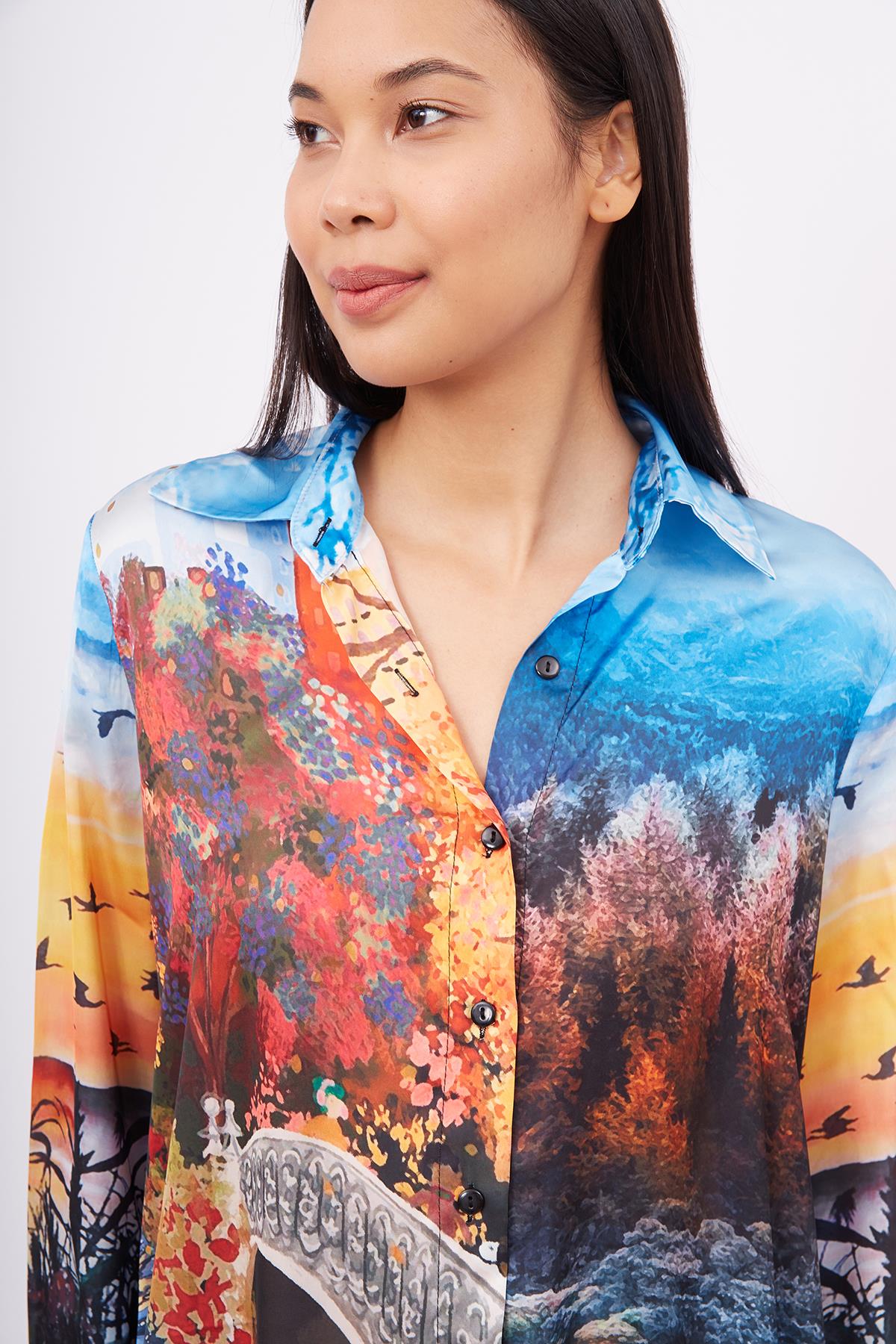 Peraluna-Sweet Memories Long Shirt Dress Manzara Baskılı 120 Cm Saten Uzun Gömlek Elbise-Elbise-4-Milagron.com